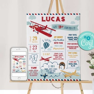 Quadro-negro de aniversário de avião vintage - Autoedição com Corjl - Pôster de festa de avião - Decoração de parede - Primeiro aniversário - Qualquer idade - A105 - 16x20w