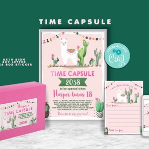 Cápsula del tiempo de cumpleaños de llama, autoedición con Corjl, letras divertidas de llama, cumpleaños de cactus, fiesta de cactus, fiesta de llamas, primer cumpleaños, cualquier edad, A171-T2