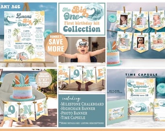 The BIG ONE First Birthday Decoration Kit-Self Edit w Corjl-Milestone Poster-Time Capsule-Hightchair-Photo Banner-Surfs Up-Pool-Surfing-A195