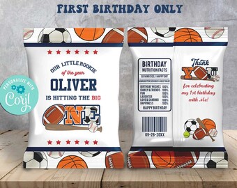 Plantilla de bolsa de papas fritas para el primer cumpleaños de All Star Sport - Editar con Corjl - Fiesta deportiva - Campeonato - Fútbol americano - Béisbol - Baloncesto - Fútbol - Primer cumpleaños - A136