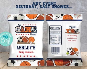 Plantilla de bolsa de papas fritas para baby shower All Star Sport - Editar Corjl - Cumpleaños deportivos - Fútbol americano - Béisbol - Baloncesto - Fútbol - Primer cumpleaños - Cualquier edad - B423