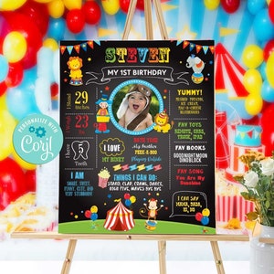 Carnival Birthday Milestone Chalkboard-SelfEdit w Corjl-Circus Birthday Welcome Photo Poster-Carnival Party-First Birthday-AnyAge-A116-16x20