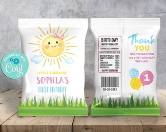May include: A white chip bag with a yellow sun with a pink bow and the text "Little Sunshine Sophia's First Birthday". The back of the bag has a nutrition facts label with the text "Birthday Nutrition Facts" and "Thank You for celebrating my first birthday with me!" with a pink and blue balloon with the number 1.
