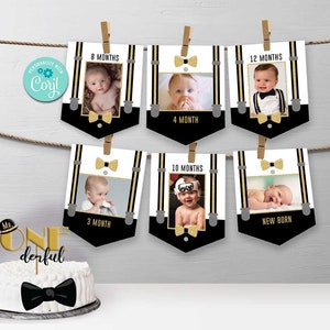 Little Man Birthday Photo Banners-SelfEdit Corjl-Mustache Birthday Month Photo-Mr ONEderful-Little Gentleman-First Birthday-AnyAge-A180-A181