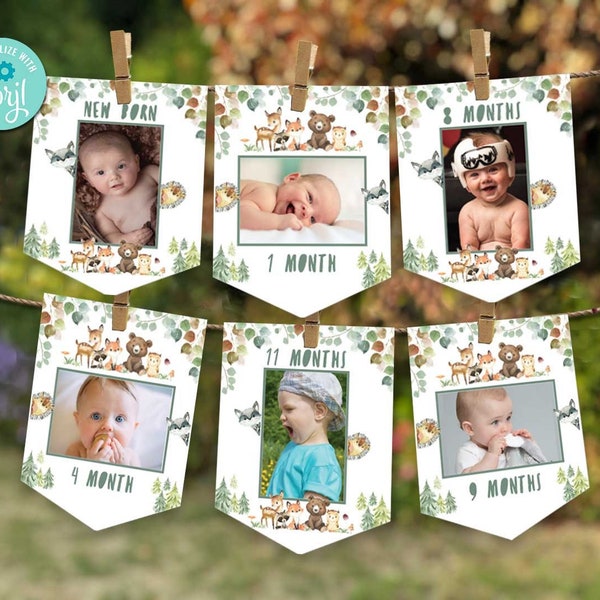 Woodland Birthday Photo Banner-Woodland Party Monthly Photo Banner Decoration-Self-Edit with Corjl-Wild One-First Birthday-AnyAge-A152-PHb