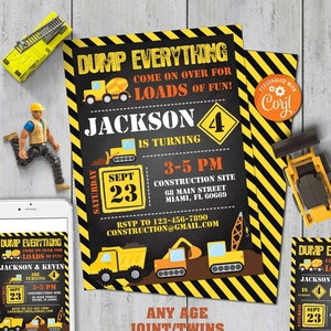 Construction Birthday Invitation-Self Edit w corjl-Construction Party Invite-under Construction Party-Dump Truck-First Birthday-AnyAge-A103 image 1
