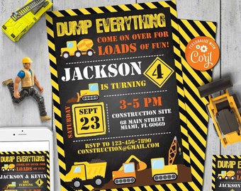 Construction Birthday Invitation-Self Edit w corjl-Construction Party Invite-under Construction Party-Dump Truck-First Birthday-AnyAge-A103