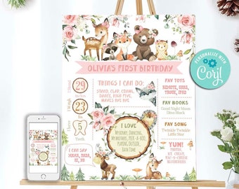 Woodland Birthday Milestone Chalkboard-Floral Woodland Party Poster-Self-Edit with Corjl-Forest Wild One-First Birthday-AnyAge-A189-16x20
