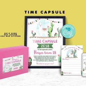 Cápsula del tiempo de cumpleaños de llama, autoedición con Corjl, letras divertidas de llama, cumpleaños de cactus, fiesta de cactus, fiesta de llamas, primer cumpleaños, cualquier edad, A171-T1
