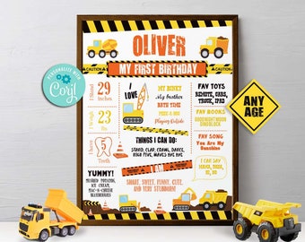 Construction Birthday Milestone Chalkboard-Self Edit w Corjl-Dump Truck Party-Welcome Poster Decoration-First Birthday-AnyAge-A103-CW-16x20