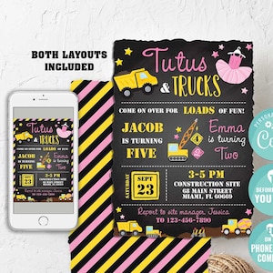 Tutus & Trucks Construction Birthday Invitation-Self-Edit with Corjl-Construction Party Invite-Dump Truck-First Birthday-Any Age-A103-BGtext