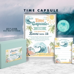 Cápsula del tiempo para fiesta de surf - Autoedición con Corjl - Letrero de cápsula del tiempo - Pegatina para buzón - Surfs Up - Pool - The BIG ONE - Primer cumpleaños - Cualquier edad - A195