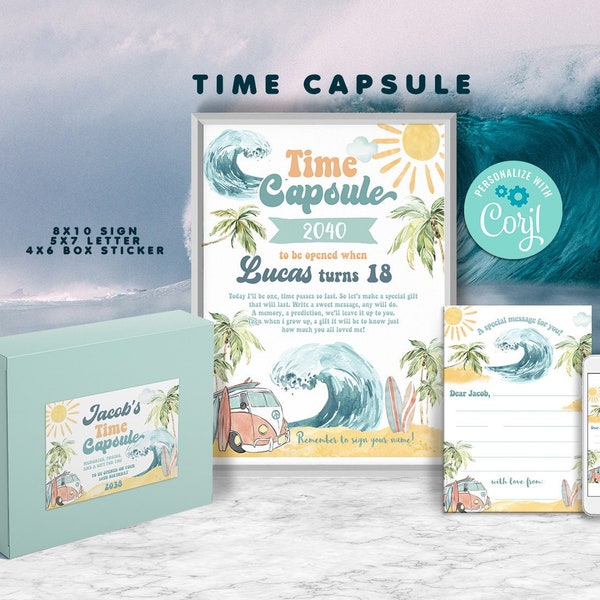 Surfing Party Time Capsule set-Self Edit w Corjl-Time Capsule Sign-Letter-Box sticker-Surfs Up-Pool-The BIG ONE First Birthday-AnyAge-A195