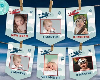 Vintage Airplane Birthday Photo Banners-Self-Edit with Corjl-Time Flies-Airplane Party Monthly Photo Decorations-First Birthday-AnyAge-A105