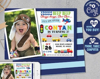 Invitación fotográfica de cumpleaños con temática de transporte - Editable con Corjl (teléfono, tableta o computadora) - Avión, coche, tren, camión - Primer cumpleaños - Cualquier edad - A109-CP