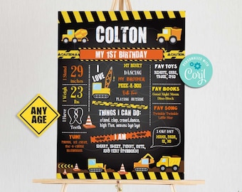 Construction Birthday Milestone Chalkboard-Self Edit w Corjl-Dump Truck Party-Welcome Board Decoration-First Birthday-AnyAge-A103-C-!6x20