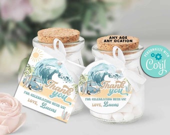 Surfing Birthday Favor Tags - Surf's Up Thank You (Self-Edit Corjl)