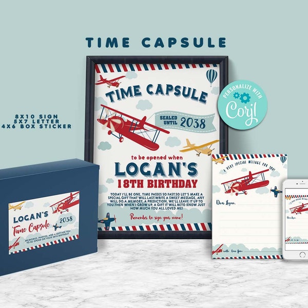 Vintage Airplane Birthday Time Capsule Set-Self-Edit with Corjl-Airplane Party Time Capsule-Time Flies-Airplane First Birthday-AnyAge-A105-c