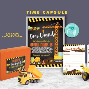 Construction Birthday Time Capsule set-Self-Edit w Corjl-First Construction Party-Sign-letter-Dig in-Dump Truck-First Birthday-AnyAge-A103
