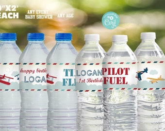Vintage Airplane Party Water Bottle Labels-Corjl-Airplane Birthday Decor Label-Baby Shower-Time Fles-Up and Away-First Birthday-Any Age-A105
