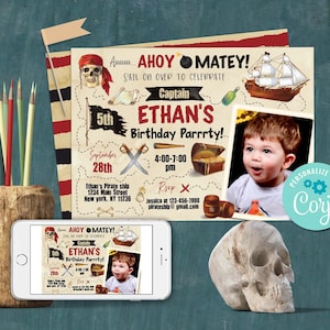 Invitation anniversaire pirate-Modifier avec Corjl-Pirate Party-First Pirate Invite-Capitaine pirate Anniversaire-Carte au trésor-premier anniversaire-AnyAge-A178-CT