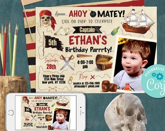 Pirate Birthday Invitation-Edit w Corjl-Pirate Party-First Pirate Invite-Pirate Captain Birthday-Treasure Map-First Birthday-AnyAge-A178-CT