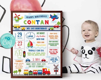 Transportation Birthday Milestone Poster-Self-Edit w Corjl-Airplane Car Train-Party Welcome Sign Decoration-First Birthday-AnyAge-A109-16x20