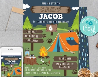 Camping Birthday Invitation-Self-Edit w Corjl-Camp Out-One Happy Camper-Camping Party Invite-Bonfire-Campfire-First Birthday-Any Age-A129-B