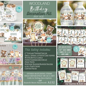 Lot de décorations d'anniversaire des bois à éditer soi-même avec décorations de fête Corjl-Woodland-garçon-animaux de la forêt des bois-animaux sauvages-un-premier anniversaire-tout âge-A152