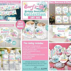 Pacote de decoração de aniversário de surfe - Qualquer idade - Edite com Corjl - Decoração para festa de primeiro aniversário Big ONE - Surf's Up rosa - Praia - Piscina - Surfe - Prancha de surfe - A199