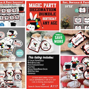 Magic Birthday Decoration Bundle-Corjl-Show Party-Cupcake Topper-Favor Tag-Tent-Banner-Sign-Centerpiece-Magician-First Birthday-AnyAge-A117