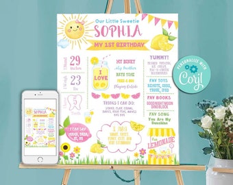 May include: A printable first birthday sign for a girl named Sophia. The sign is decorated with lemons, a sun, and flowers. It includes information about Sophia's age, height, weight, and things she can do. The sign is personalized with the name "Sophia" and the text "Our Little Sweetie".