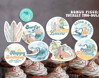Totalmente DOS-adornos para cupcakes de cumpleaños de surf bulares-Corjl-Retro-Surfs Up-Cake Decoración--Piscina-Playa-Ola-Segundo cumpleaños-Primero-Cualquier edad-A195