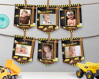 Construction Birthday Photo Banner-Self-Edit w Corjl-First Construction Party-Monthly Banners-Dig in-Dump Truck-First Birthday-AnyAge-A103