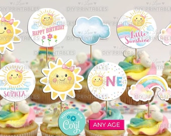 Sunshine Birthday Cupcake Toppers, Editable Party Circles (Editable Digital Download)-A159