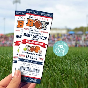 Invitación para baby shower de All Star: autoedición con Corjl, invitación con boletos de béisbol y fútbol de All Star Sports, baby shower deportivo, Oh Boy, Party, B423