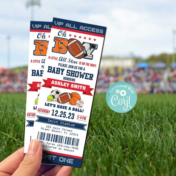 All Star Baby Shower Invitation-Self Edit w Corjl-All Star Sports-Football Baseball Ticket Invite-Sports Baby Shower-Oh Boy-Party-B423