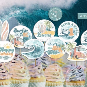 May include: A set of 10 printable cupcake toppers featuring a beach and surf theme. The toppers include a surfboard, a van, a wave, a palm tree, and the text "Surf's Up", "Catch a Wave", "The Big One", "Happy Birthday", and "Lucas".