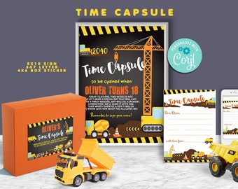 Construction Birthday Time Capsule set-Self-Edit w Corjl-First Construction Party-Sign-letter-Dig in-Dump Truck-First Birthday-AnyAge-A103