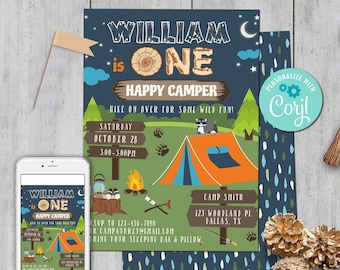 One Happy Camper Camping Invitation-Self-Edit w Corjl-Camp Out Birthday Invitate-Summer Party-Bonfire-Campfire-First Birthday ONLY-A129-B