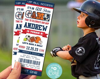 All Star Sport Birthday Ticket Invitation-Sport Party Invite-Edit wCorjl-Football-Baseball-Basketball-Soccer-First Birthday-Any Age-A136-1