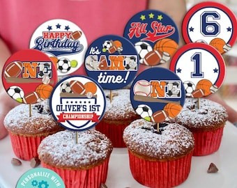 All Star Birthday Cupcake Toppers-Edit w Corjl-Sports Party Cake Decoration-Game-Football-Baseball-Basketball-First Birthday-AnyAge-A136