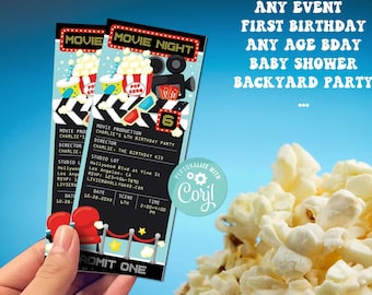 Movie Night Birthday Invitation-Self-Edit Corjl-Family Backyard Movie Night Party Invite- Slumber-Movie Time-Movie Party-Movie Ticket-A114