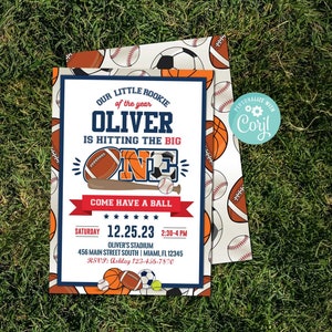 All Star Sport First Birthday Invitation-Sport Party Invite-Edit w Corjl-Football-Baseball-Basketball-Soccer-Tennis-1st Birthday ONLY-A136-1