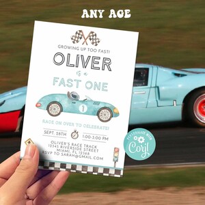 Race Car Birthday Invitation-Self Edit Corjl-Blue Racing Car-Fast ONE-Two Fast-Birthday Invite-Vintage Race Car-First Birthday-AnyAge-A207-1