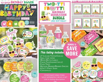 May include: A colorful printable party decoration bundle for a second birthday with a tropical fruit theme. The bundle includes cupcake toppers, water bottle labels, favor tags, food tents, a birthday banner, party signs, and centerpieces. The design features pineapples, watermelons, lemons, and kiwis.