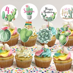 AUTO-MODIFICA Cactus Cupcake Toppers di compleanno-Compleanno Fiesta-Cerchi festa Fiesta-Festa Cactus-Facciamo Fiesta-Lama-Primo compleanno-Qualsiasi-A170-2