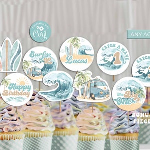 May include: A set of 10 cupcake toppers featuring a beach and surfing theme. The toppers include a surfboard, a wave, a van, a palm tree, and a surfer. The toppers are perfect for a birthday party or any other celebration.