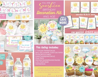 You Are My Sunshine Birthday Decoration Bundle-Edit w Corjl-Cupcake-Favor-Centerpiece-Water Bottle-Sign-Banner-Food Tent-First-AnyAge-A159