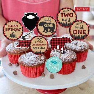 Lumberjack Birthday Cupcake Toppers-Corjl-Rustic Lumberjack Party Circles-Wild One-Camping-Buffalo Plaid-Bear-First Birthday-AnyAge-A145